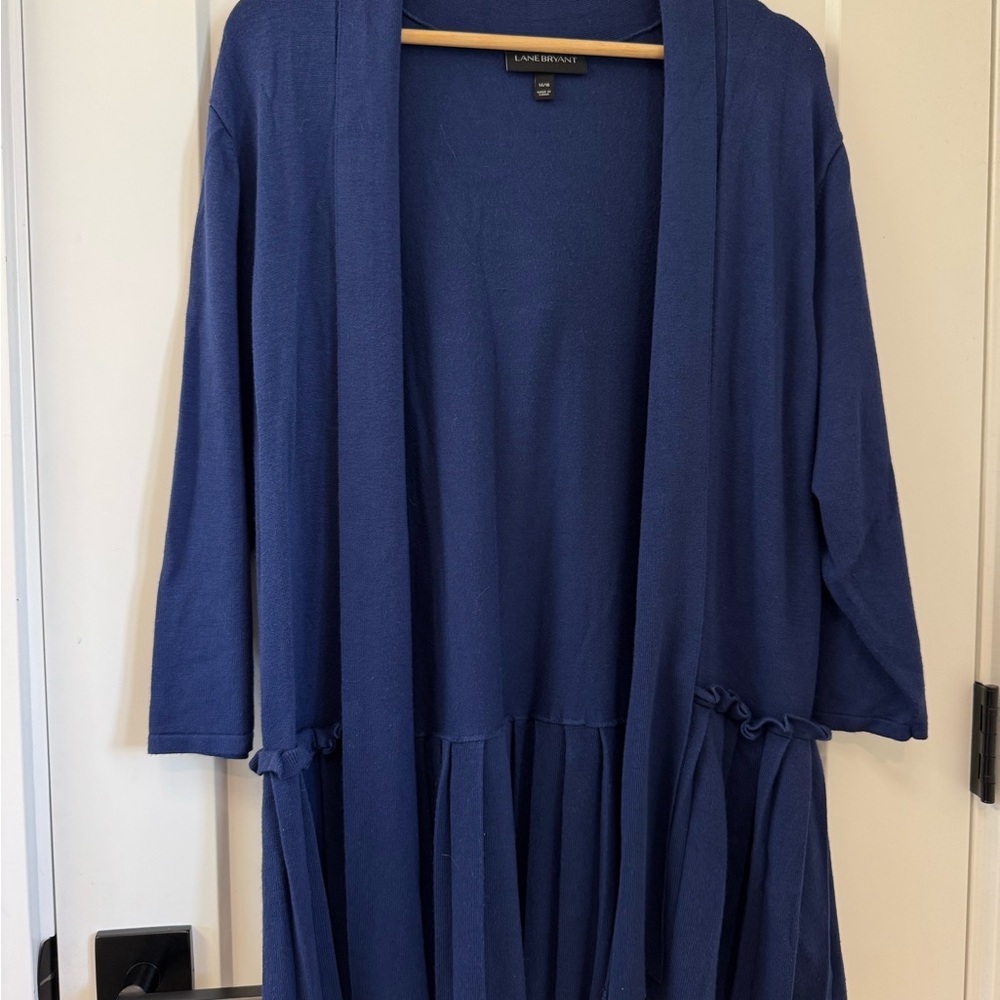 Lane Bryant Navy Open Front Cardigan Ruffle Pleated Detail Along Bottom Sz 14/16